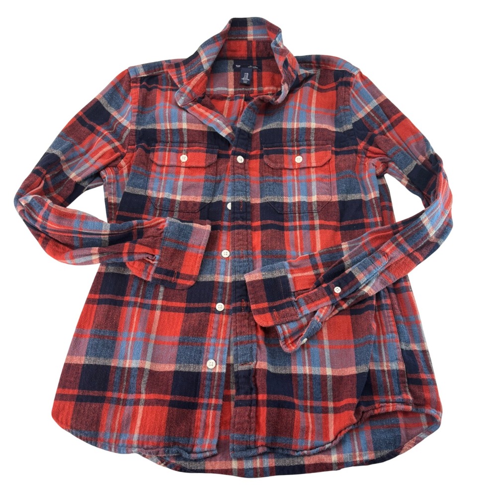 Gap Classic Fit Red Navy Plaid Flannel Button Down Shirt Women XS 100% Cotton